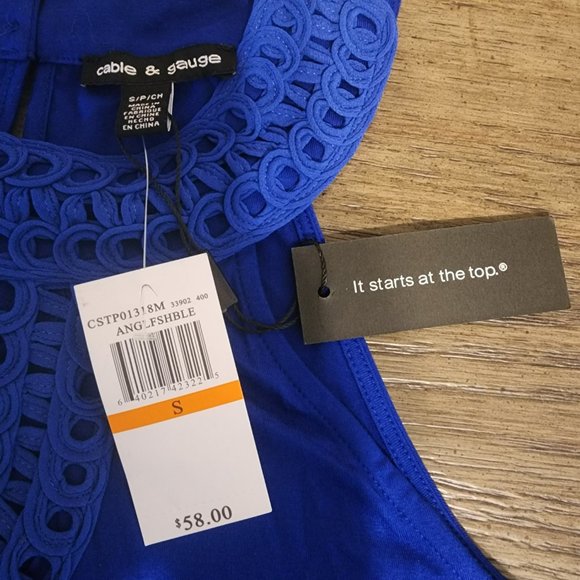 Cable & Gauge Electric Blue Tank top crochet neckline NWT Small - Picture 3 of 10